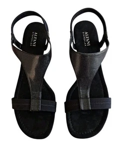 Alfani Vacanza Womens 10 M Black Wedge Sandals Step N Flex Faux Leather Shoes - Picture 1 of 7