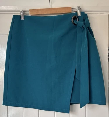 George 16 Mini Skirt Teal Wrap Effect Tie Belt Back Zip Lightweight Stretch VGC - Image 1 of 4