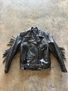 Vintage 70s Leather Biker Fringe Moto Jacket Unisex Women’s Medium Men’s Small - Picture 1 of 11