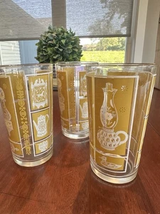 Set of Eight (3) MCM Tumblers Mid Century W/Applied Gold and White Designs - Picture 1 of 4