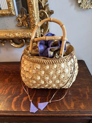 Handwoven Handbag~Bamboo Handles~Iridescent Purple Drawstring Liner~ Preowned - Image 1 of 4