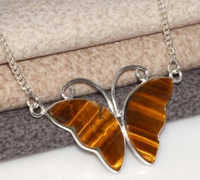 Collar de plata 925 tallado en mariposa ojo de tigre natural 19" declaración GW Foto 1 de 3