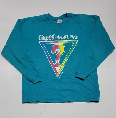 Винтажная толстовка GUESS с круглым вырезом радужный логотип 80-х бирюзовая женская размер большой - Изображение 1 из 4
