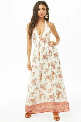 Maxi Vestido Forever 21 Crema Óxido Paisley Halter Pequeño S Foto 1 de 4