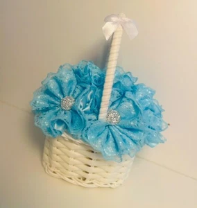 Basket Flowers Blue flowers handmade Bow Embellishment Baby Grave Memorial - Picture 1 of 2