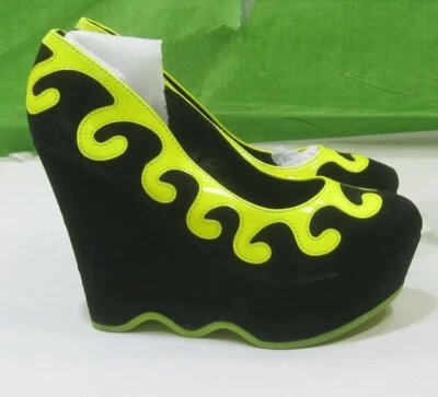 Nuevo Damas Negro/Amarillo 5 "Tacón de Cuña Alto 1.5" Puntera Redonda Sin Cordones Talla 6.5 Foto 1 de 4