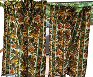 Vintage Green Orange Drapes Curtains MCM Pinch Pleated Floral 2 Panel Thermal - Picture 1 of 12