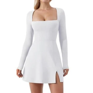 Womens Square Neck Bodice Dress Long Sleeve Side Slit Flare Slim Fit Mini Dress - Picture 1 of 12