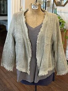Flora Ashley Sage Green Linen Cotton Cropped Jacket Fringed Edge Large Italy EUC - Picture 1 of 8