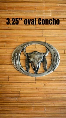 Western Antique Nickel Oval Shape Longhorn Concho 3.25” X 2.5” - Image 1 of 3