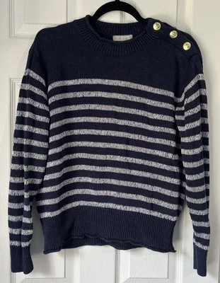 J.Crew Algodón Lino Azul Marino Blanco Rayas Suéter Botones Dorados Playa Preppy Coastal Foto 1 de 4