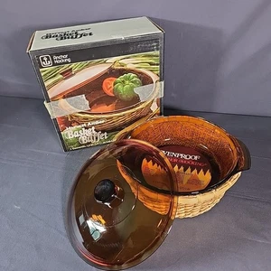 Cazuela ámbar vintage Anchor Hocking COSECHA PLATO tapa cesta 1,5 cuartos de galón - CAJA ABIERTA - Imagen 1 de 7