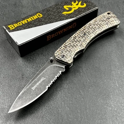Navaja de bolsillo plegable Browning Micarta asas hoja dentada negra lavada a la piedra Foto 1 de 4