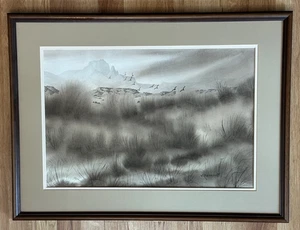 J.DIETRICH SUNSET BIRDS OVER MARSH GRASS ORIGINAL WATERCOLOR LANDSCAPE PAINTING  - Picture 1 of 8