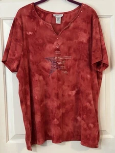 Women’s Avenue 22/24 Red Tie-Dye V-Neck Tee Stud/Rhinestone Star Missing A Few - Picture 1 of 17