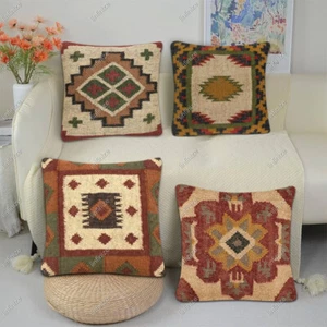 4 Set of Wool Jute Cushion Home Decor Handwoven Kilim Pillow Bohemian Pillowcase - Picture 1 of 120