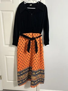 Vintage Black Orange Floral Quilted Maxi long lounge dress Mod Hippie 1970s Med - Picture 1 of 10