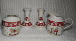 Charlton Hall Christmas Candlesticks Sugar Creamer Kobe Japan Classic Traditions - Picture 1 of 4