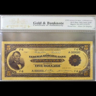 100mg 24K Gold 1918 $5 Dollar Bill Atlanta Federal Reserve Note Banknote White C - Image 1 of 2