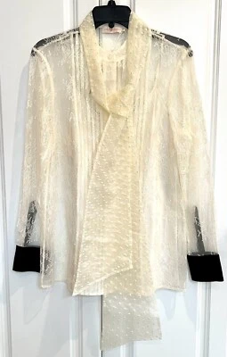 全新带标签 Tory Burch 尺码 10 全新象牙色 Chantilly 蕾丝蝴蝶结衬衫 $398 — 第 1/4 张图片