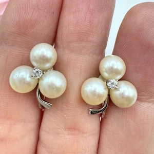 14K White Gold Pearl Clover Screw Back Earrings Bridal Wedding Bride 4.91 Grams - Picture 1 of 14
