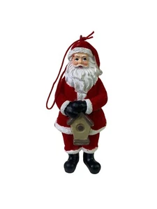 Merry Brite 4” Christmas Tree Ornament Santa Holding Bird Feeder Velvet Suit EUC - Picture 1 of 6