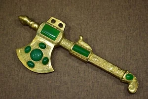 Collectible chinese copper gilt inlay jade gems handmade Divine Axe shape statue - Picture 1 of 9
