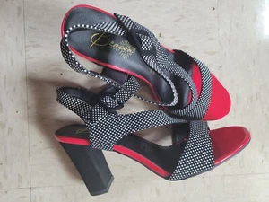 Damengröße 10 M hochhackige Sandalen schwarz gepunktet roter Besatz Leuchtfeuer Lottie - Bild 1 von 5