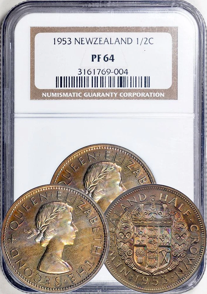 Nueva Zelanda 1953 Prueba 1/2 Corona NGC PF-64. ¡Antigua losa! Foto 1 de 1