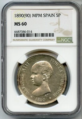 1890 (90) MPM Spain 5 Pesetas Silver Coin NGC MS60 5P Certified - JP613 - Image 1 of 2