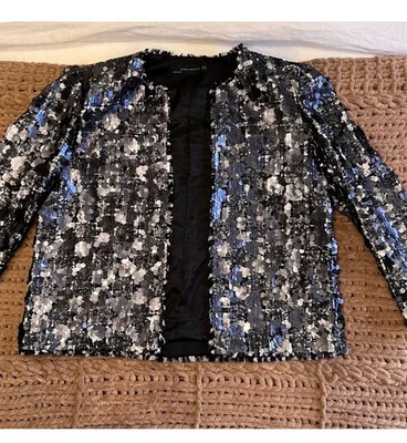 Zara Woman black charcoal gray silver Sequined tweed Trinny jacket Medium - Image 1 of 4