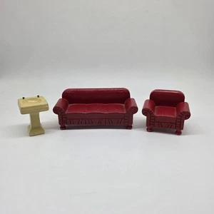 Vtg Strombecker 1930s Wooden Dollhouse Furniture Red Sofa Chair Sink  - Picture 1 of 10