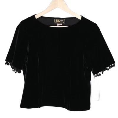 $39 R&K Evening womens beaded sequin velour blouse petite size PL solid black - Image 1 of 4
