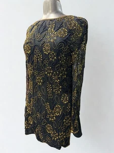 Vestido de seda negro dorado con cuentas a mano vintage papell boutique noche formal - Imagen 1 de 7