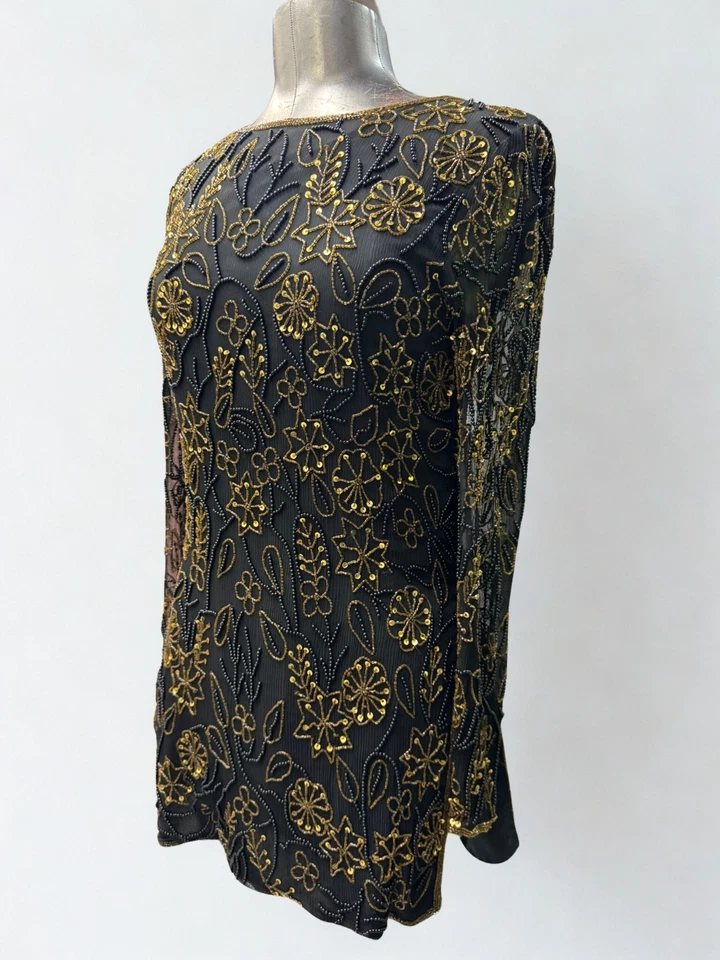 Hand Beaded Black Gold Silk Dress Vintage Papell Boutique Evening Formal - Image 1 of 4