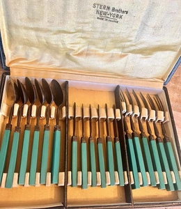 Antiguo Juego de Cubiertos Desierto Latón Baquelita Azul Hecho en Francia Stern Brothers NY - Imagen 1 de 18