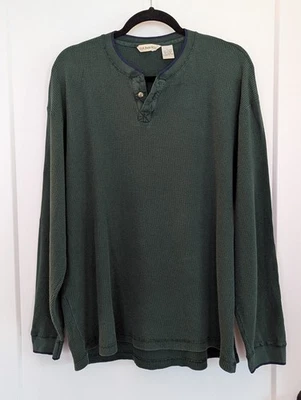 G H.Bass&Co Men's Large Green Waffle Knit Henley Shirt Long Sleeve - Image 1 of 4