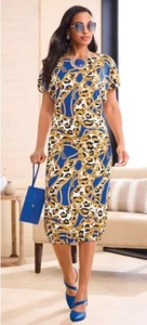 XL Ashro Blue Gold White Wedding Church Party Business Britinee Going Out Dress - Picture 1 of 6