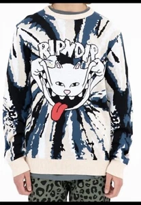 RIPNDIP Men’s Art Graphic Cream/Navy Crewneck Big Smile Knit Cat Sweater|Size:S - Picture 1 of 24