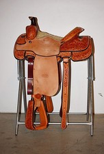 Western Natural Leather Hand Tooled Roper Ranch 18" Saddle : Tan Suede Seat