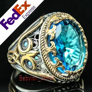 925 Sterling Silver Aquamarine Stone Turkish Handmade Luxury Men's Ring All Size - Picture 1 of 7