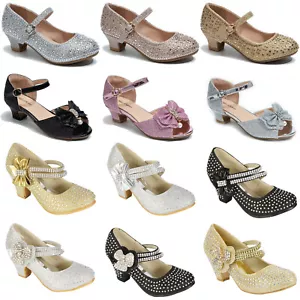 GIRLS DIAMANTE SHOES WEDDING PARTY BRIDESMAID LOW HEEL MARY JANE EVENING SANDALS - Picture 1 of 17