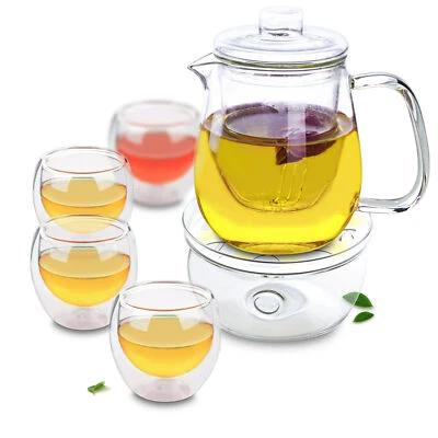 6in1 Tea Set - 750ml Heat Resistant Glass Teapot +4x Double Wall Cups + Warmer A - Image 1 of 4
