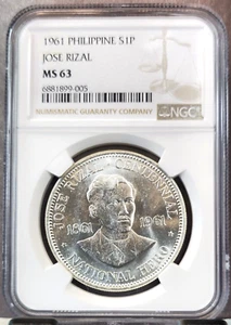 1961 PHILIPPINES SILVER 1 PESO JOSE RIZAL NGC MS 63 SCARCE NICE COIN - Picture 1 of 3
