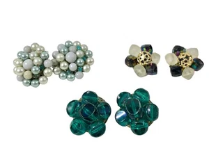 3 Pairs of Vintage Earrings Womens Cluster Clip On Jewelry Blue White - Picture 1 of 9