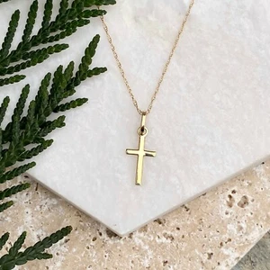 Polished 14KT Yellow Gold Mini Cross Pendant Charm Chain Necklace NEW - Picture 1 of 8