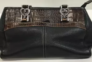 Vtg Brighton Handbag Black Brown Pebble Croc Leather Shoulder Bag Braided Handle - Picture 1 of 7