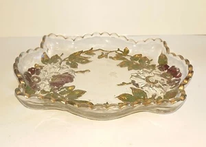 Vtg Clear Glass with Gold and Green Underlay Serving Dish with Scalloped Edge - Picture 1 of 6