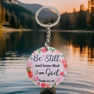 "Be Still and know... " - Pink Floral Inspirational Bible Verse Keychain - New - Picture 1 of 2