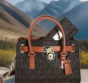 🌞MICHAEL KORS HAMILTON BROWN MONOGRAM SATCHEL BAG +/OR MATCHING WALLET🌺NWT! - Picture 1 of 37